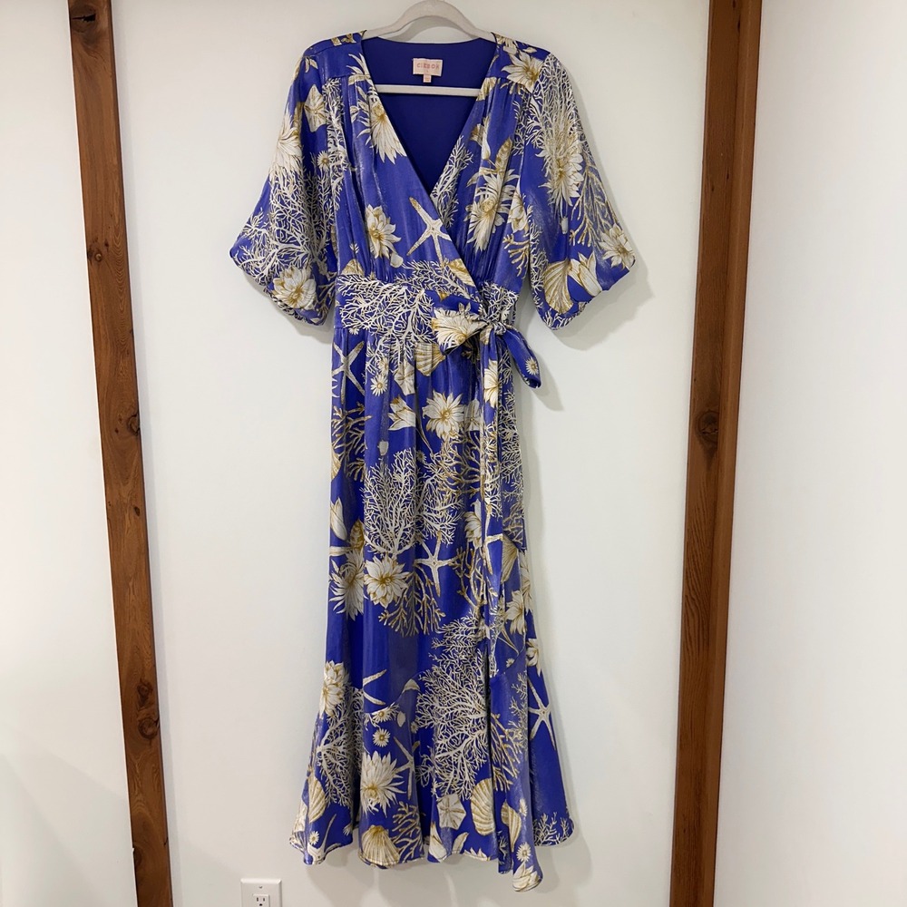 Ciebon Coastal Shell Print Wrap Maxi Dress Womens L Blue Gold Metallic Resort